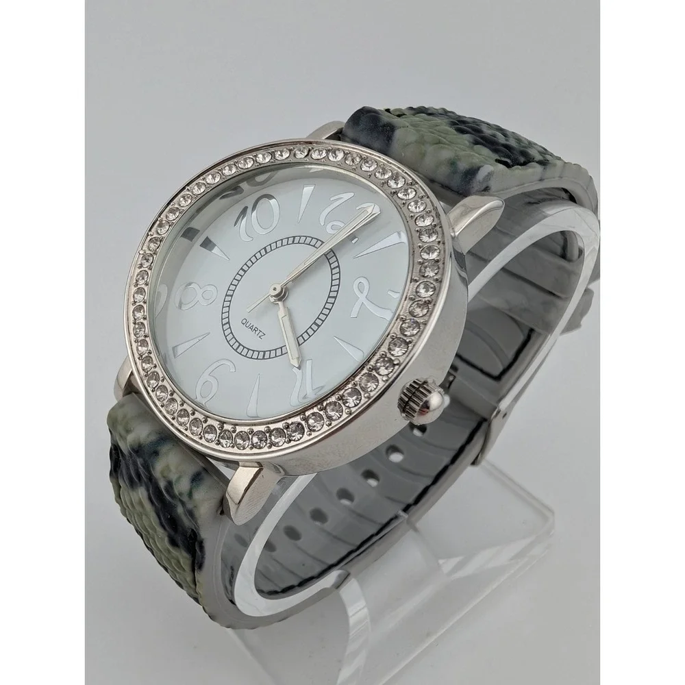 Women's Quartz Watch 41mm Case Rhinestone Bezel Black/Gray Silicone Band Working